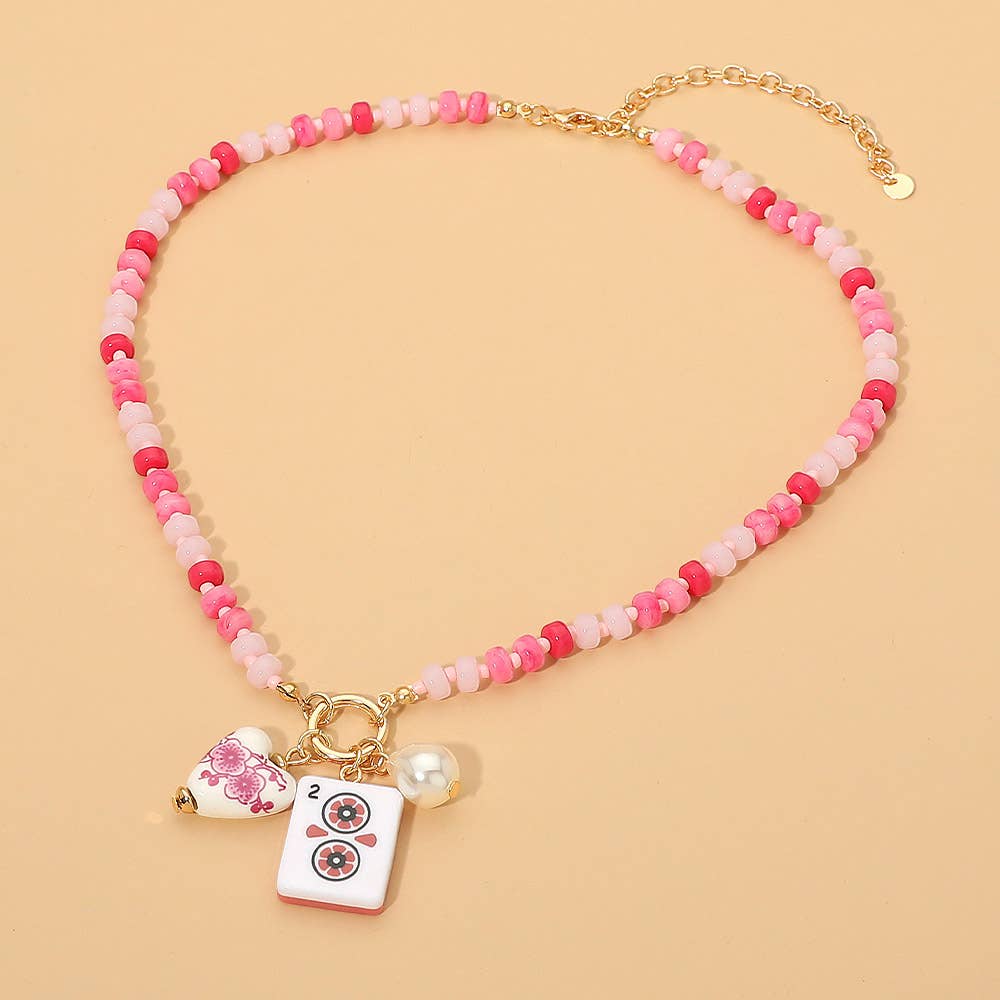 Mahjong Tile Charm Pearl Floral Bead Ball Charm Pendant Beaded Necklace: Gold,Ivory