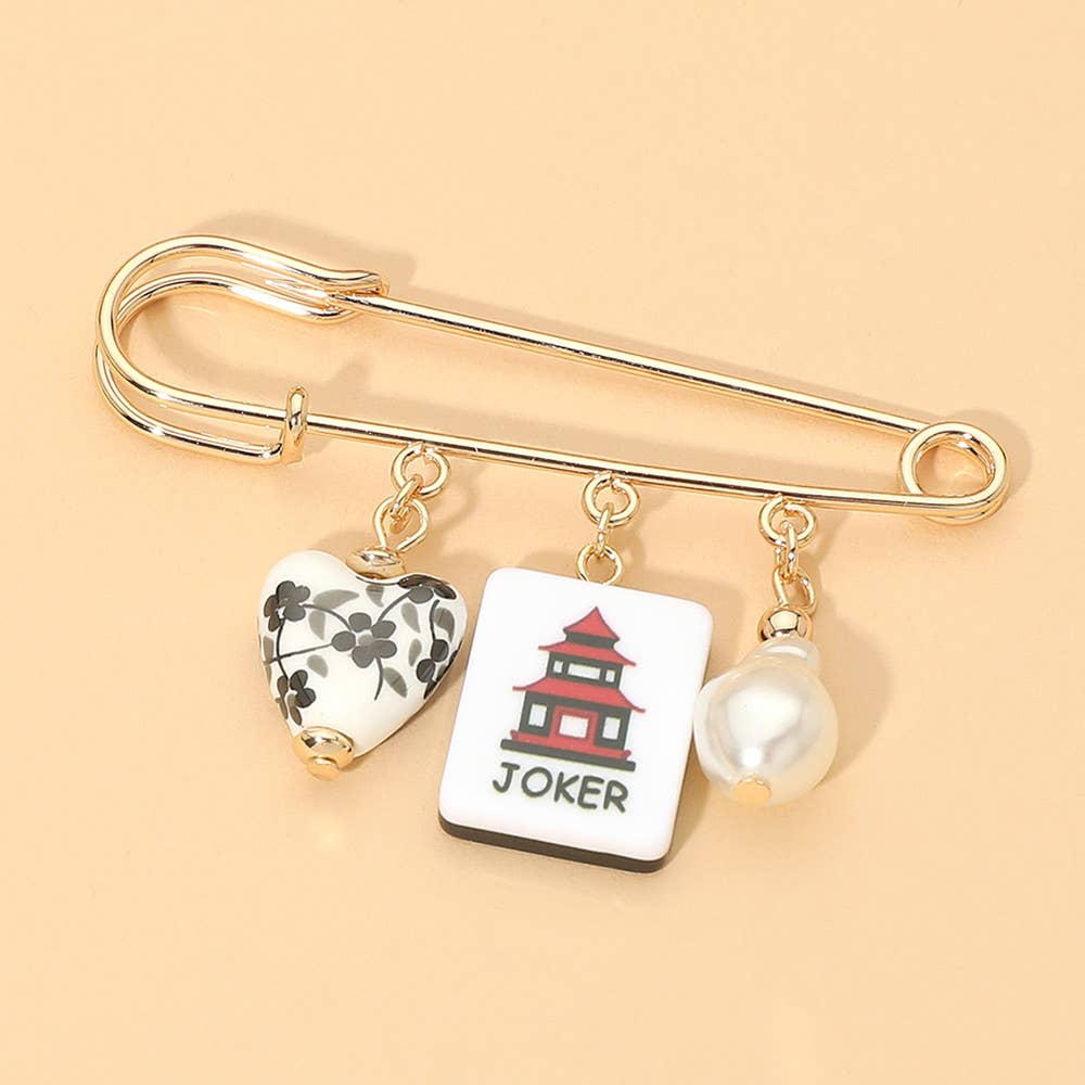 Floral Heart Mahjong Tile Pearl Charm Drop Safety Pin Brooch: Gold,Mint