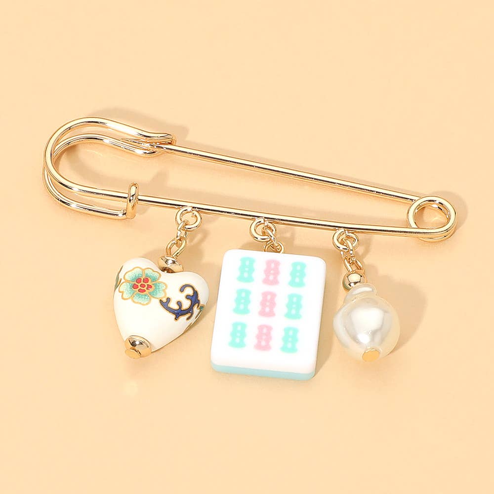 Floral Heart Mahjong Tile Pearl Charm Drop Safety Pin Brooch: Gold,Mint