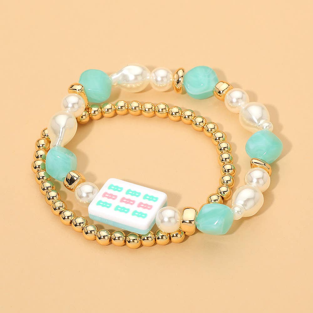 2PCS - Mahjong Tile Pearl Beaded Stretch Multi Layered Bracelets: Blue,Gold