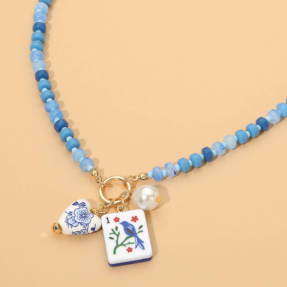 Mahjong Tile Charm Pearl Floral Bead Ball Charm Pendant Beaded Necklace: Gold,Mint