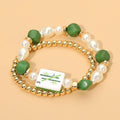 2PCS - Mahjong Tile Pearl Beaded Stretch Multi Layered Bracelets: Gold,Green