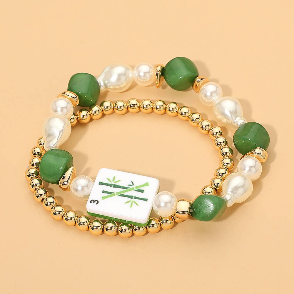 2PCS - Mahjong Tile Pearl Beaded Stretch Multi Layered Bracelets: Blue,Gold