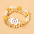 2PCS - Mahjong Tile Pearl Beaded Stretch Multi Layered Bracelets: Gold,Yellow