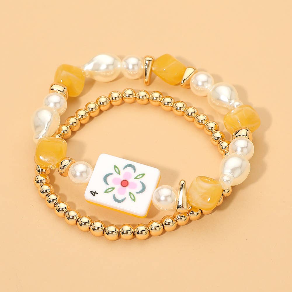 2PCS - Mahjong Tile Pearl Beaded Stretch Multi Layered Bracelets: Blue,Gold