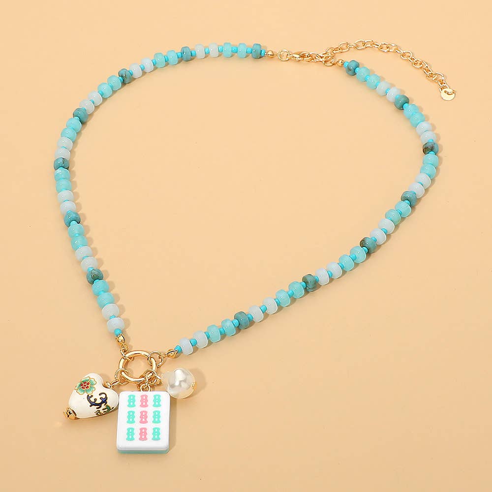 Mahjong Tile Charm Pearl Floral Bead Ball Charm Pendant Beaded Necklace: Gold,Mint