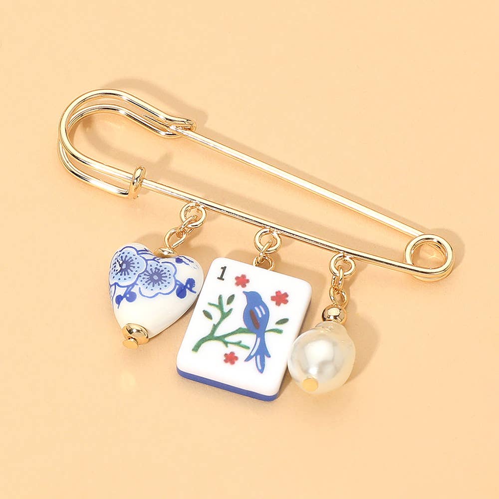 Floral Heart Mahjong Tile Pearl Charm Drop Safety Pin Brooch: Gold,Mint