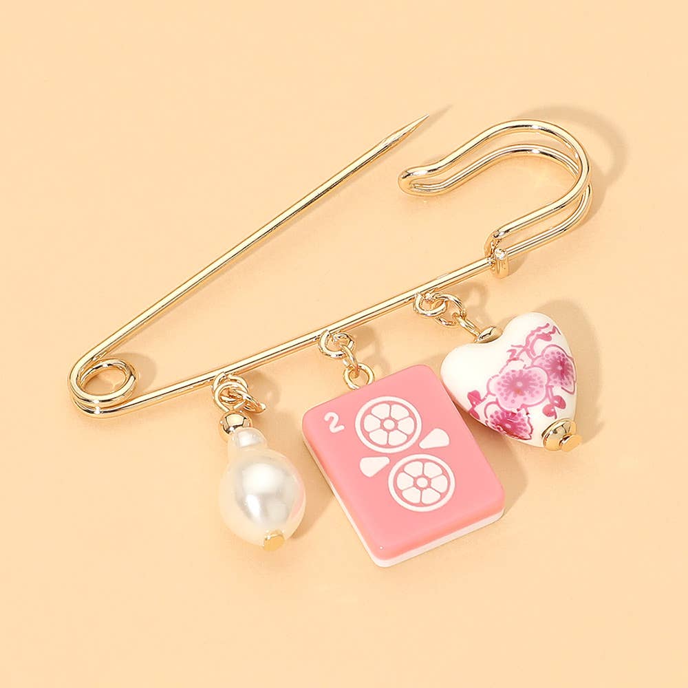 Floral Heart Mahjong Tile Pearl Charm Drop Safety Pin Brooch: Blue,Gold