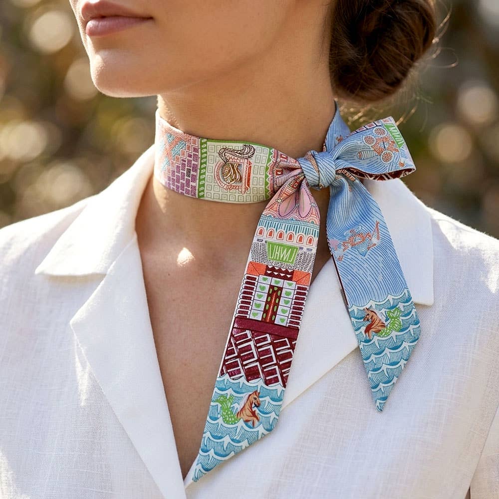Story Tiles Print Silk Feel Twilly Skinny Scarf: Red