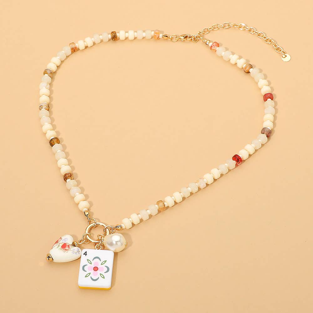 Mahjong Tile Charm Pearl Floral Bead Ball Charm Pendant Beaded Necklace: Gold,Mint