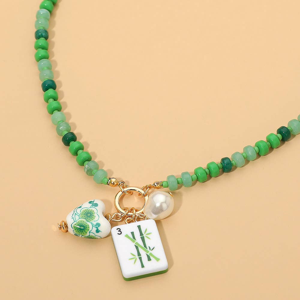 Mahjong Tile Charm Pearl Floral Bead Ball Charm Pendant Beaded Necklace: Gold,Mint