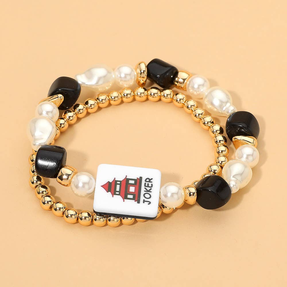 2PCS - Mahjong Tile Pearl Beaded Stretch Multi Layered Bracelets: Blue,Gold