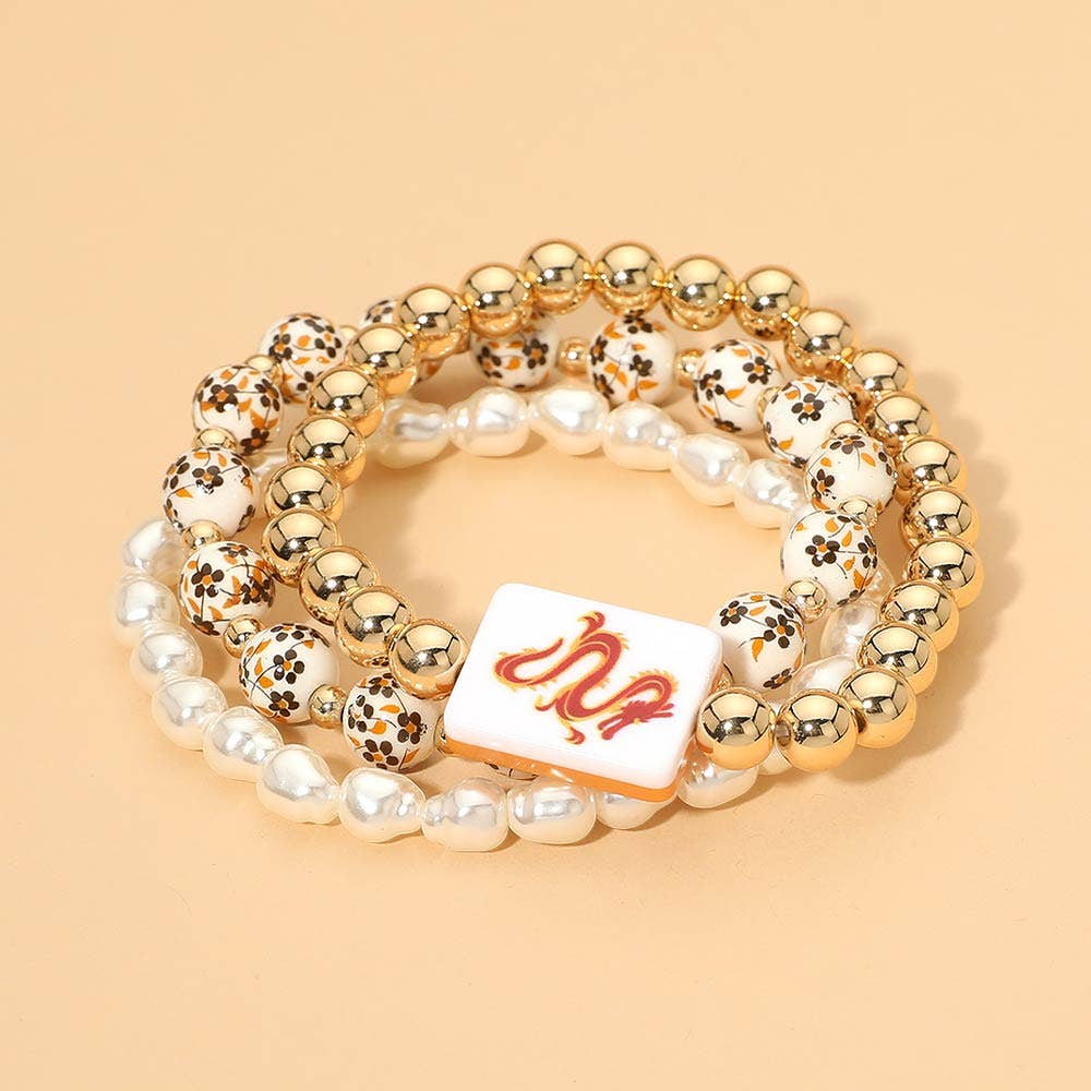 3PCS - Mahjong Charm Accent Floral Pearl Beaded Stretch Multi Layered Bracelets: Gold,Ivory