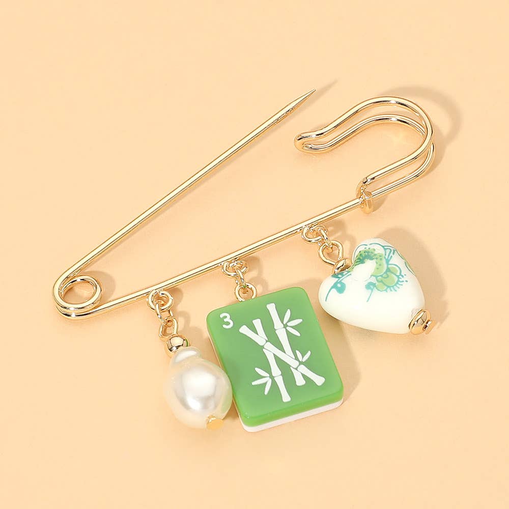 Floral Heart Mahjong Tile Pearl Charm Drop Safety Pin Brooch: Gold,Mint