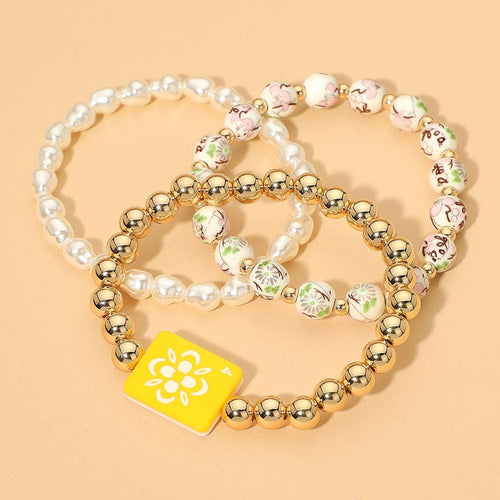 3PCS - Mahjong Charm Accent Floral Pearl Beaded Stretch Multi Layered Bracelets: Gold,Ivory