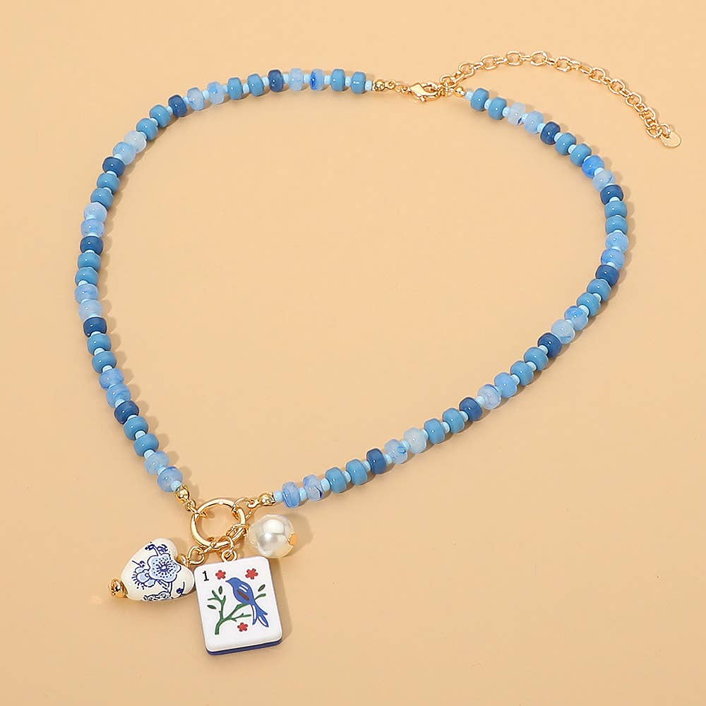 Mahjong Tile Charm Pearl Floral Bead Ball Charm Pendant Beaded Necklace: Gold,Mint