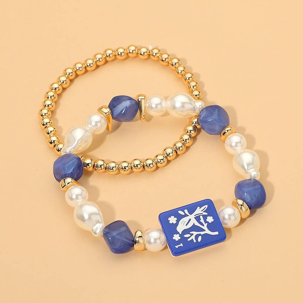 2PCS - Mahjong Tile Pearl Beaded Stretch Multi Layered Bracelets: Gold,Green