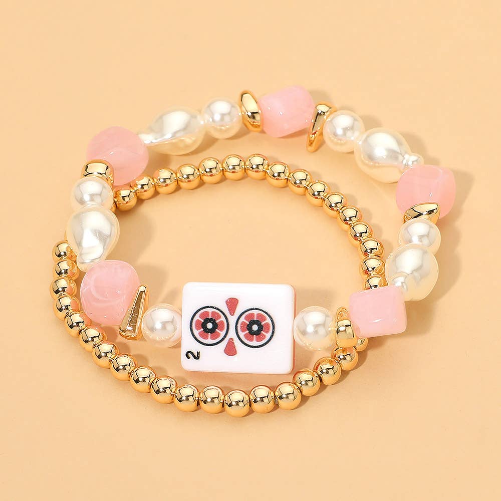 2PCS - Mahjong Tile Pearl Beaded Stretch Multi Layered Bracelets: Gold,Green
