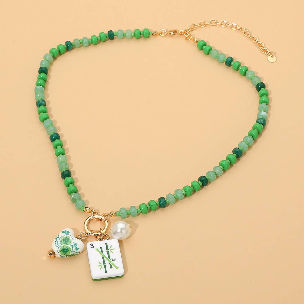 Mahjong Tile Charm Pearl Floral Bead Ball Charm Pendant Beaded Necklace: Gold,Mint