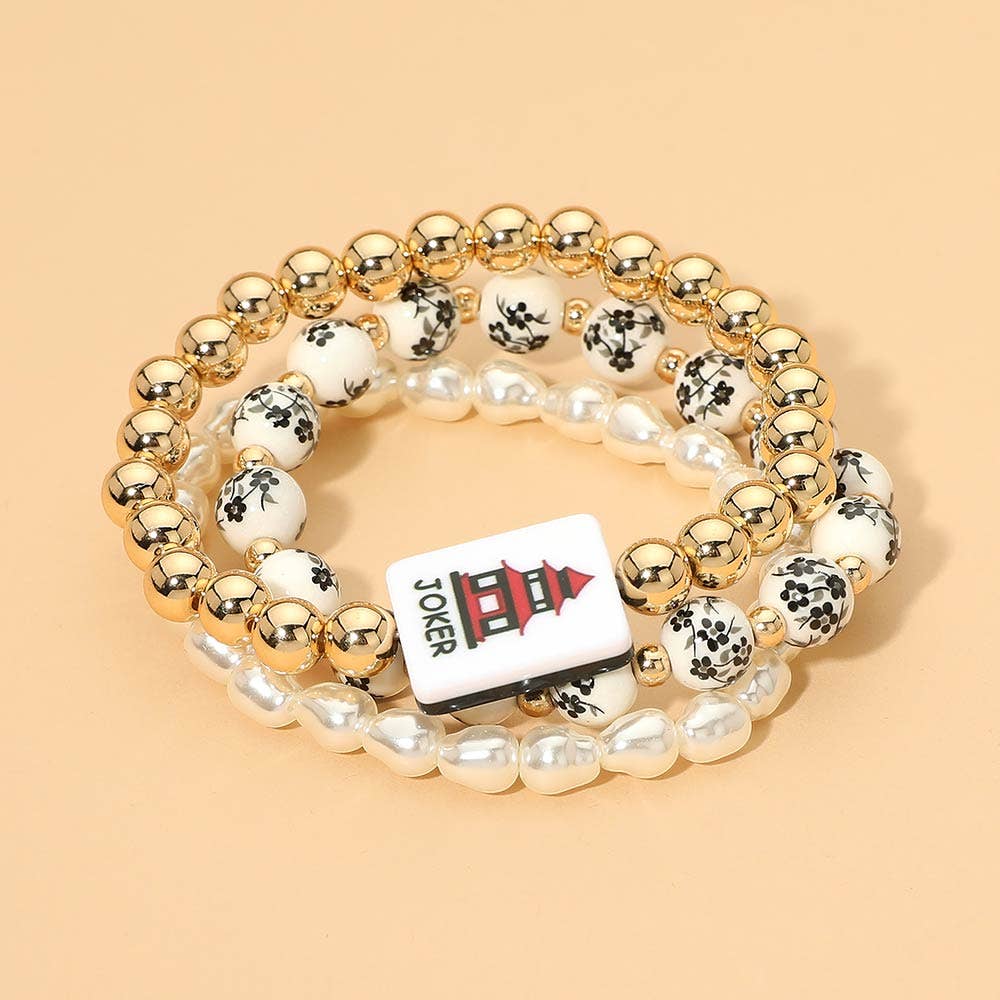 3PCS - Mahjong Charm Accent Floral Pearl Beaded Stretch Multi Layered Bracelets: Gold,Pink