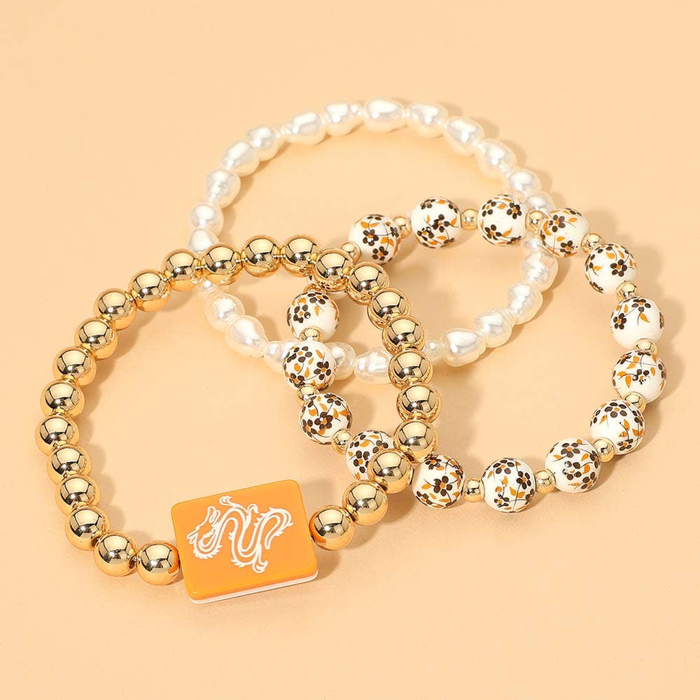 3PCS - Mahjong Charm Accent Floral Pearl Beaded Stretch Multi Layered Bracelets: Gold,Ivory