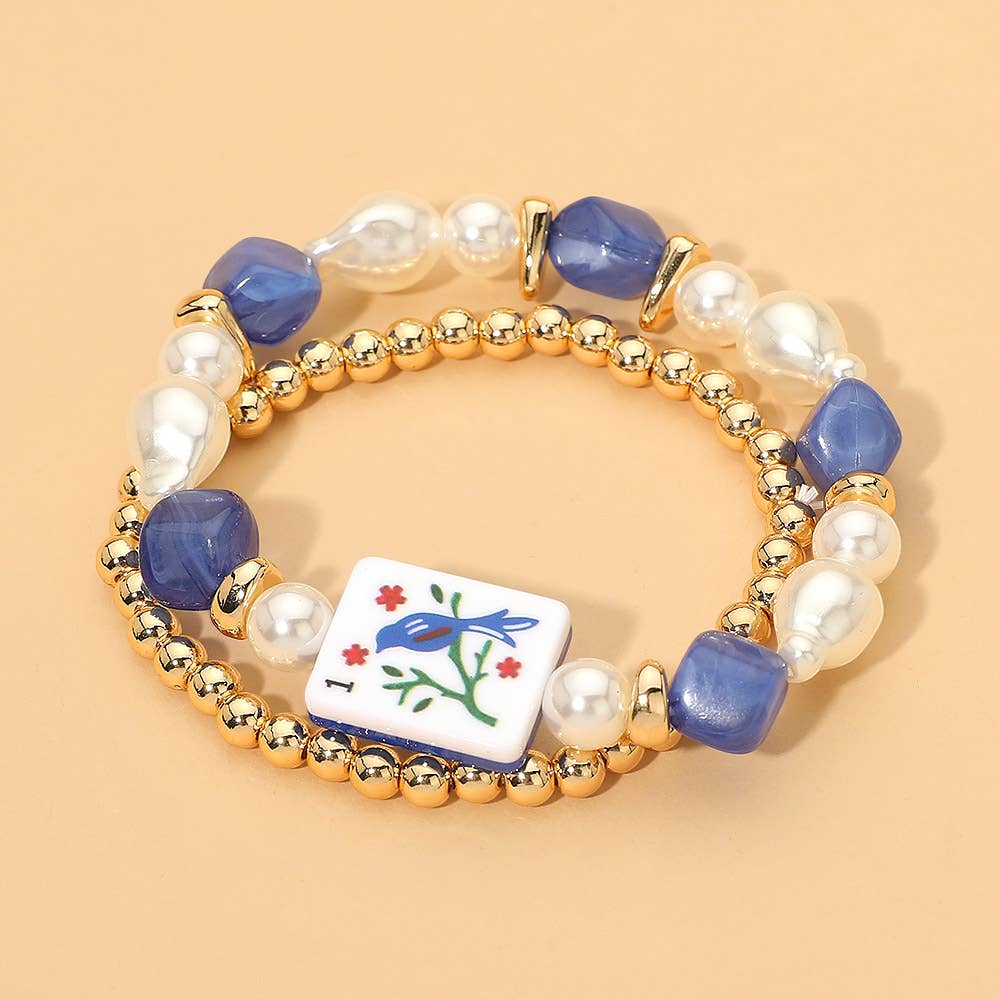 2PCS - Mahjong Tile Pearl Beaded Stretch Multi Layered Bracelets: Gold,Yellow