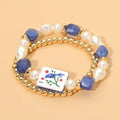 2PCS - Mahjong Tile Pearl Beaded Stretch Multi Layered Bracelets: Blue,Gold