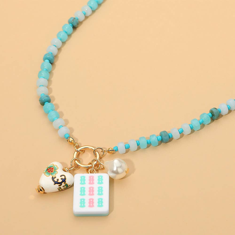 Mahjong Tile Charm Pearl Floral Bead Ball Charm Pendant Beaded Necklace: Gold,Mint