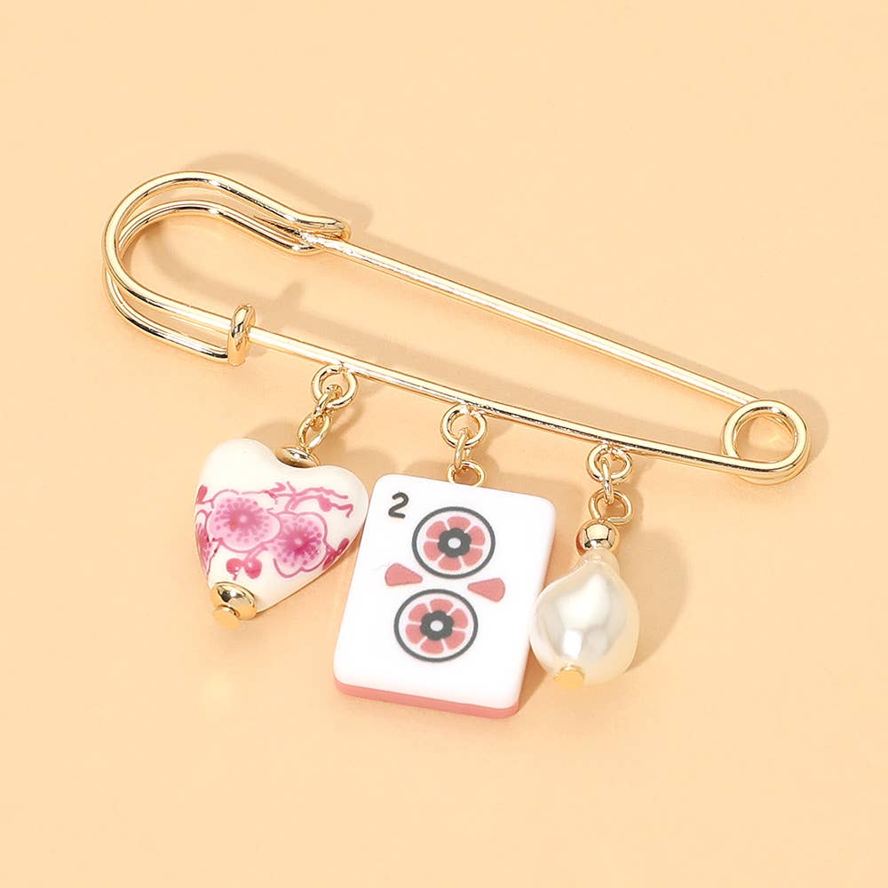 Floral Heart Mahjong Tile Pearl Charm Drop Safety Pin Brooch: Gold,Mint
