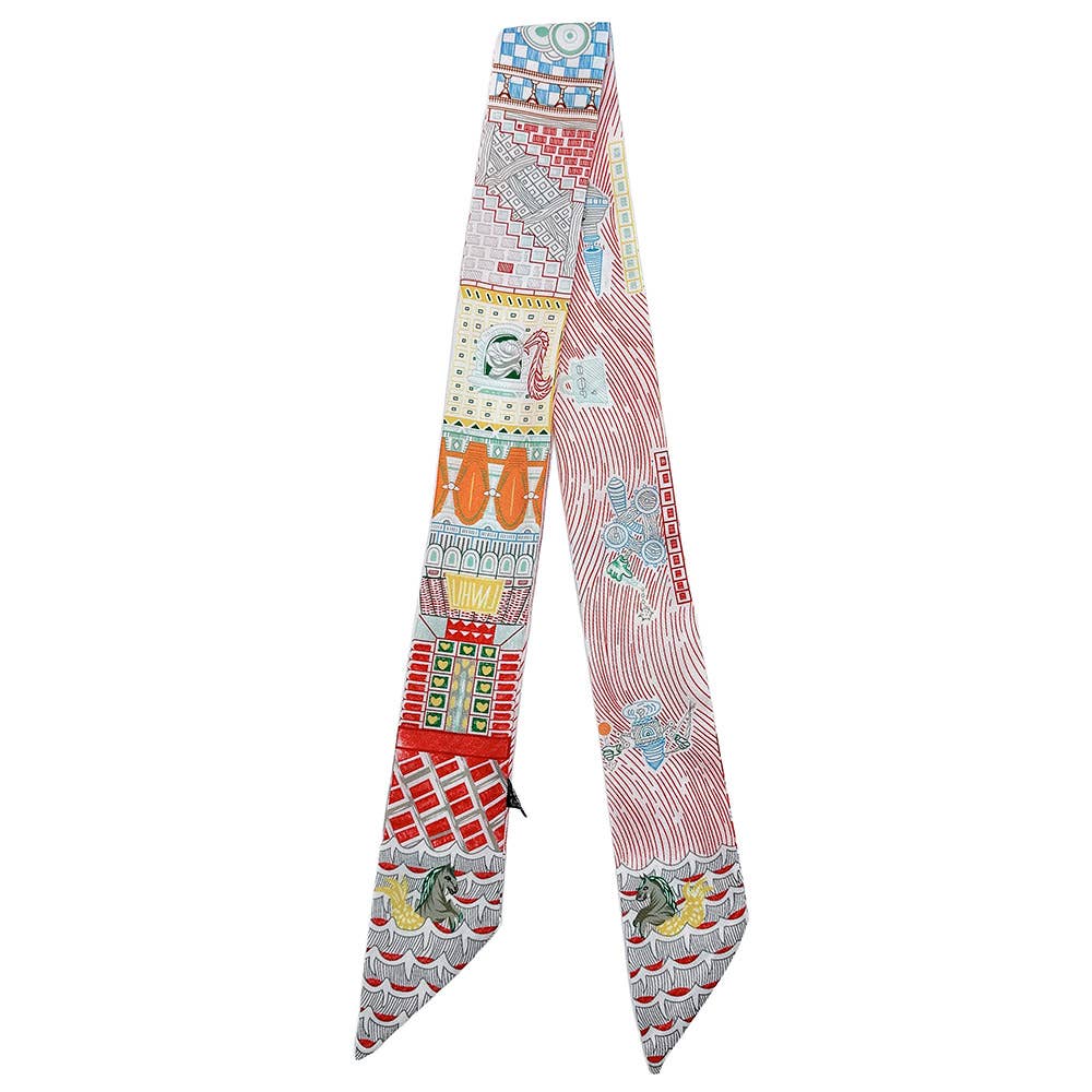 Story Tiles Print Silk Feel Twilly Skinny Scarf: Red