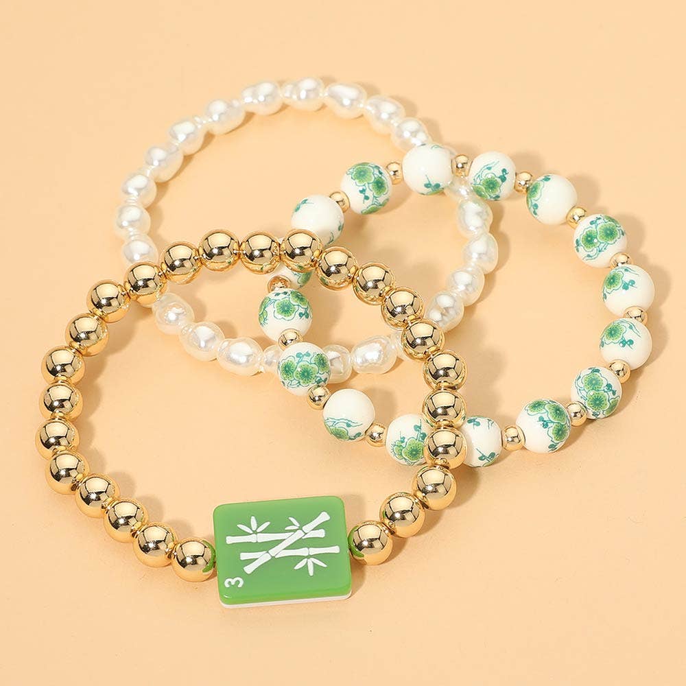 3PCS - Mahjong Charm Accent Floral Pearl Beaded Stretch Multi Layered Bracelets: Gold,Ivory