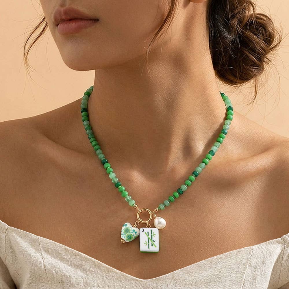 Mahjong Tile Charm Pearl Floral Bead Ball Charm Pendant Beaded Necklace: Gold,Mint