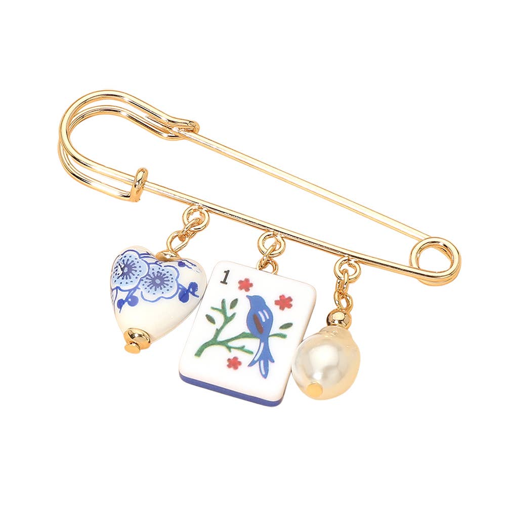 Floral Heart Mahjong Tile Pearl Charm Drop Safety Pin Brooch: Blue,Gold