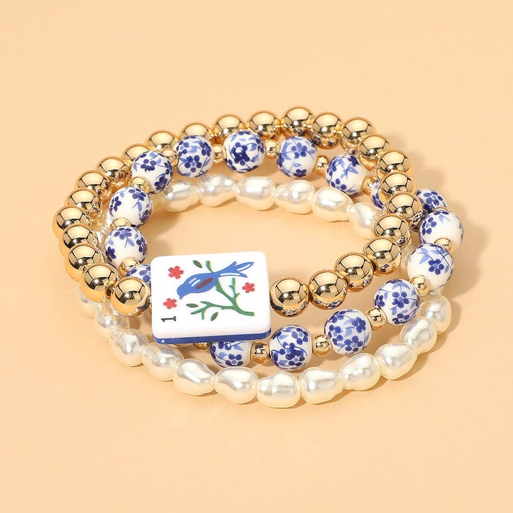 3PCS - Mahjong Charm Accent Floral Pearl Beaded Stretch Multi Layered Bracelets: Gold,Pink
