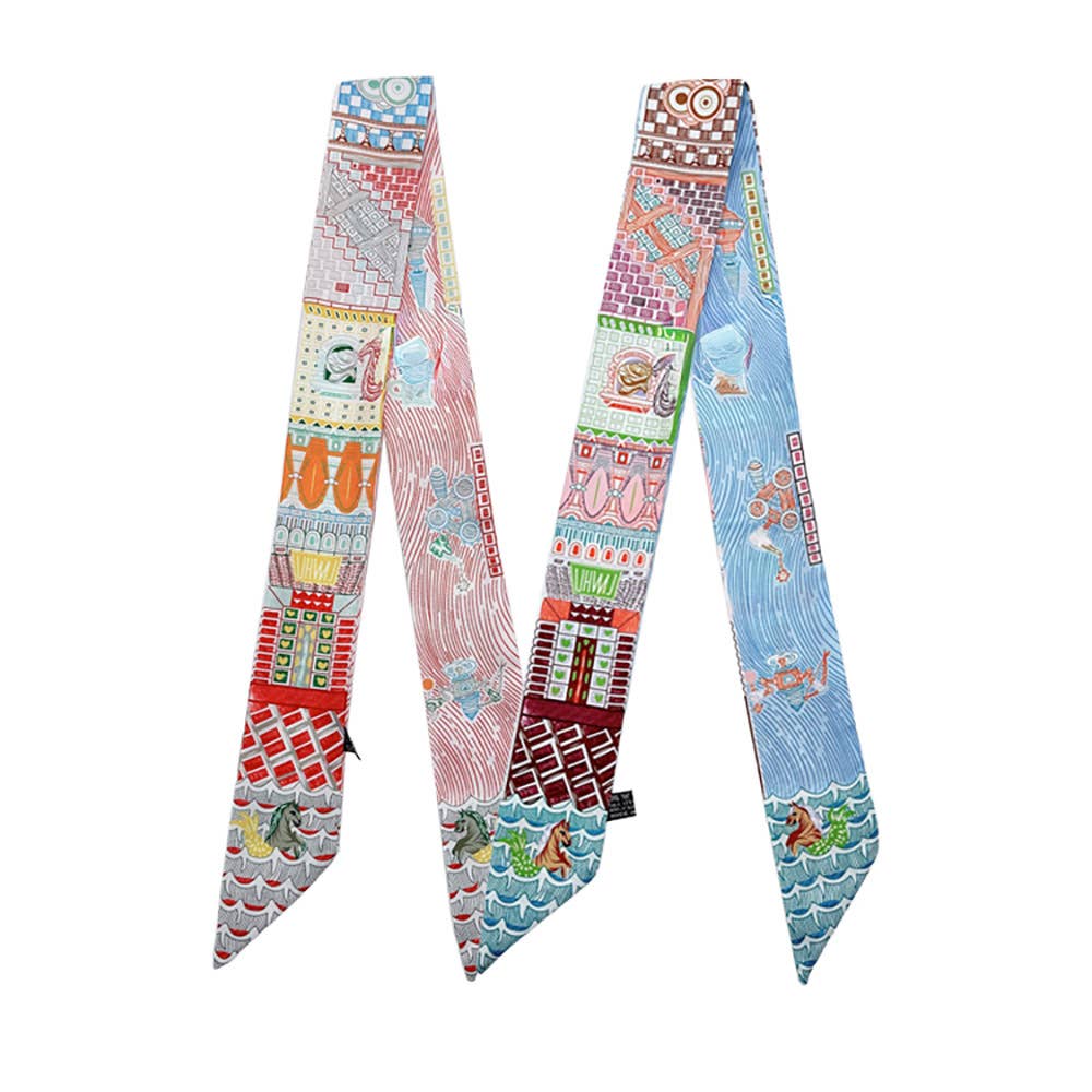 Story Tiles Print Silk Feel Twilly Skinny Scarf: Red
