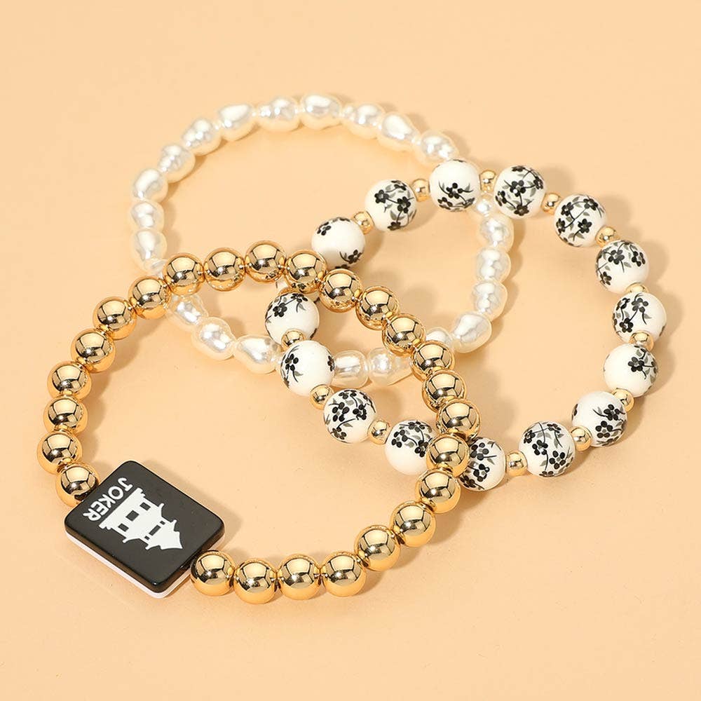 3PCS - Mahjong Charm Accent Floral Pearl Beaded Stretch Multi Layered Bracelets: Gold,Ivory