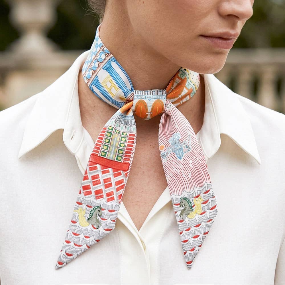 Story Tiles Print Silk Feel Twilly Skinny Scarf: Red