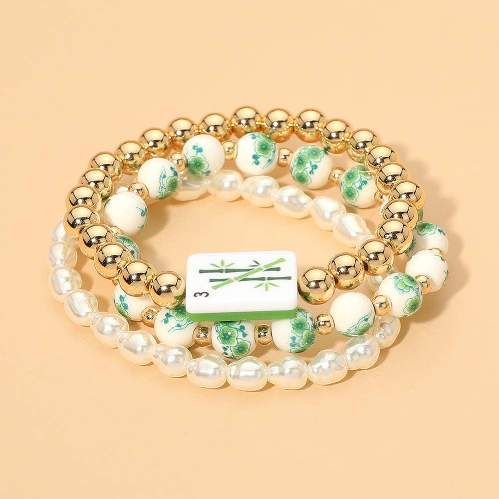 3PCS - Mahjong Charm Accent Floral Pearl Beaded Stretch Multi Layered Bracelets: Gold,Pink