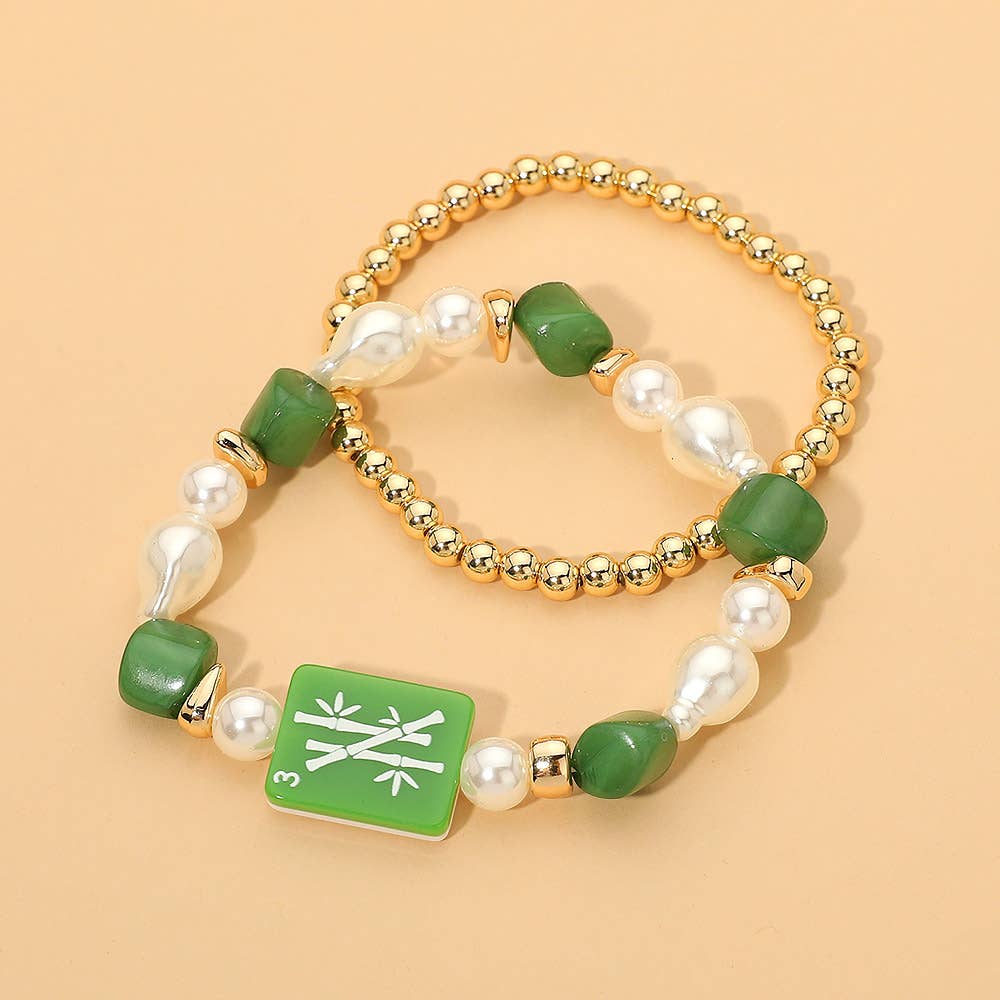2PCS - Mahjong Tile Pearl Beaded Stretch Multi Layered Bracelets: Gold,Green