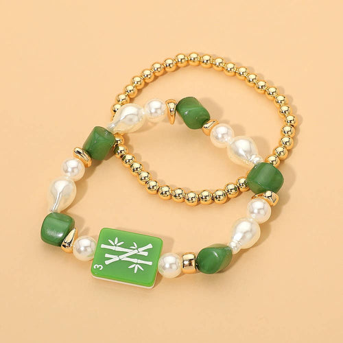 2PCS - Mahjong Tile Pearl Beaded Stretch Multi Layered Bracelets: Gold,Green
