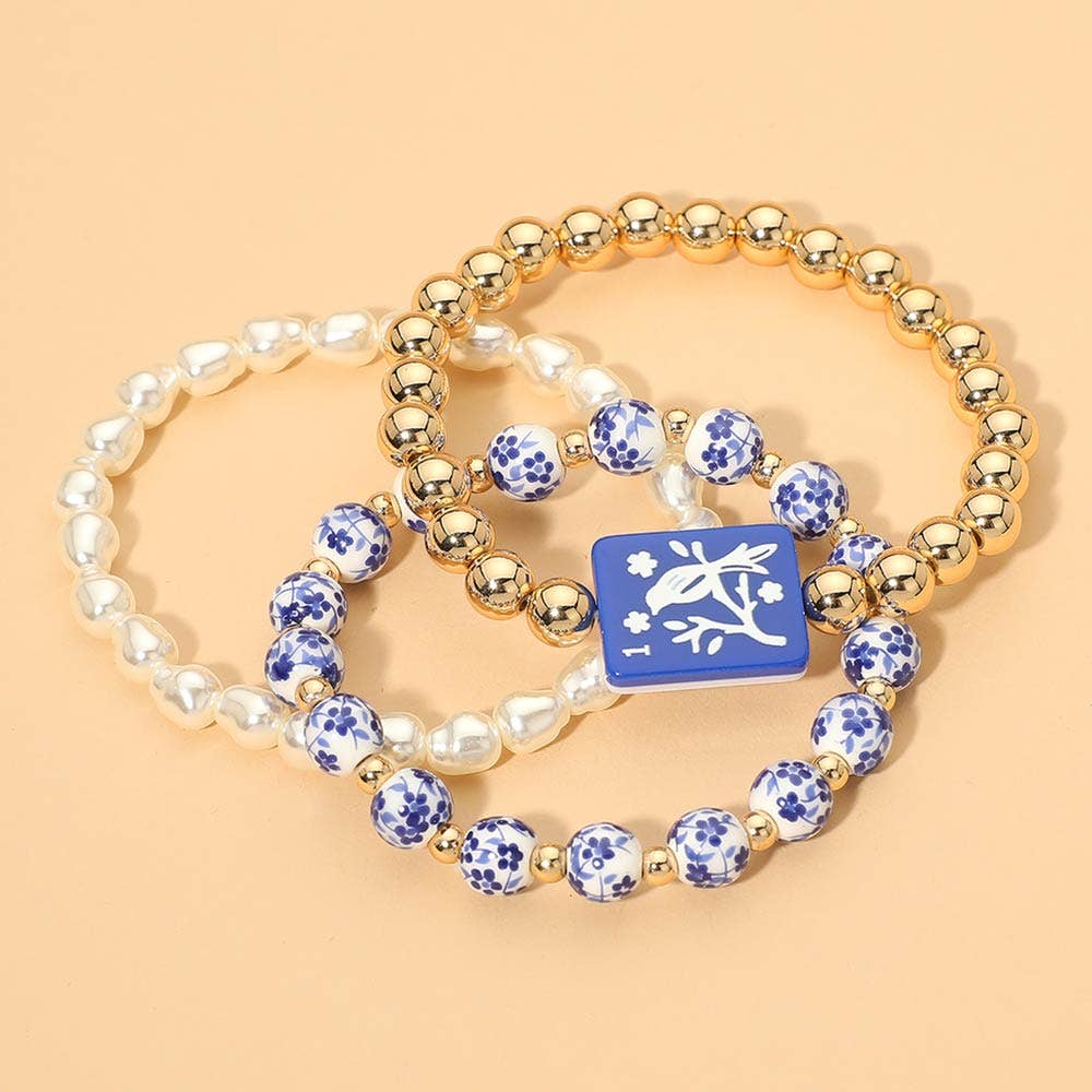 3PCS - Mahjong Charm Accent Floral Pearl Beaded Stretch Multi Layered Bracelets: Gold,Pink