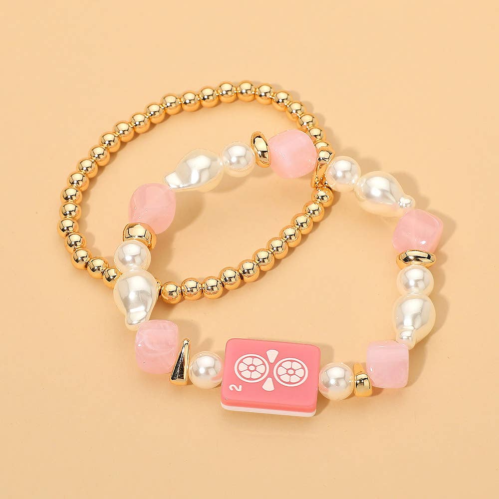 2PCS - Mahjong Tile Pearl Beaded Stretch Multi Layered Bracelets: Gold,Green