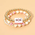 3PCS - Mahjong Charm Accent Floral Pearl Beaded Stretch Multi Layered Bracelets: Gold,Pink