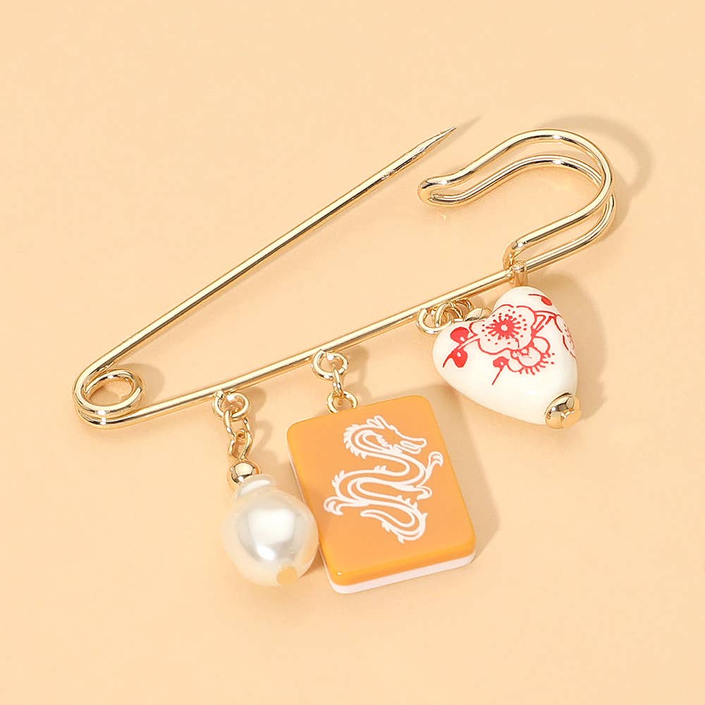 Floral Heart Mahjong Tile Pearl Charm Drop Safety Pin Brooch: Gold,Mint