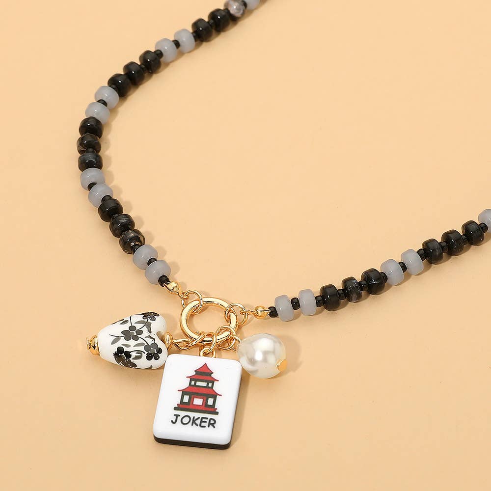 Mahjong Tile Charm Pearl Floral Bead Ball Charm Pendant Beaded Necklace: Gold,Mint