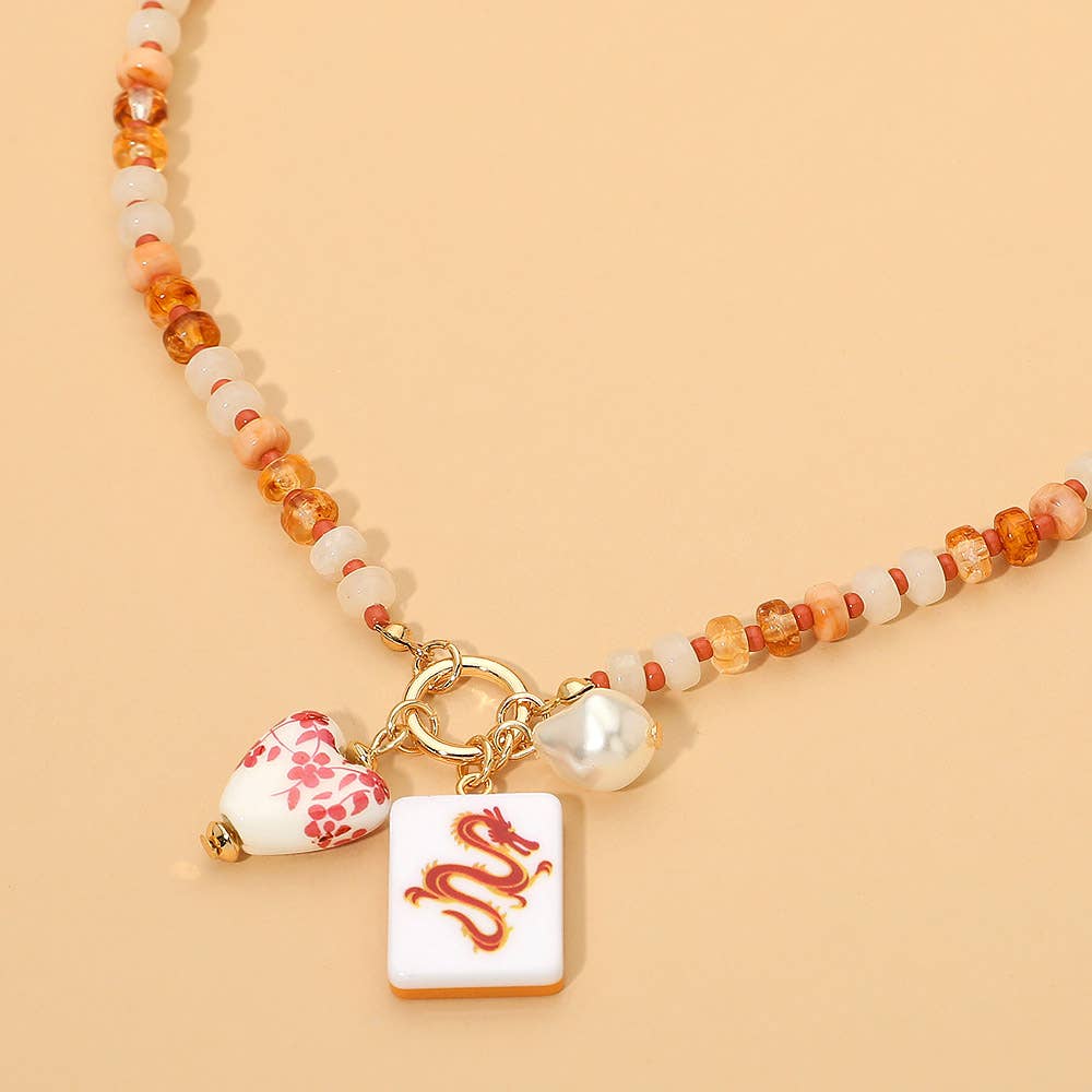 Mahjong Tile Charm Pearl Floral Bead Ball Charm Pendant Beaded Necklace: Gold,Mint