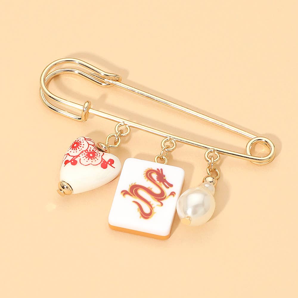 Floral Heart Mahjong Tile Pearl Charm Drop Safety Pin Brooch: Blue,Gold
