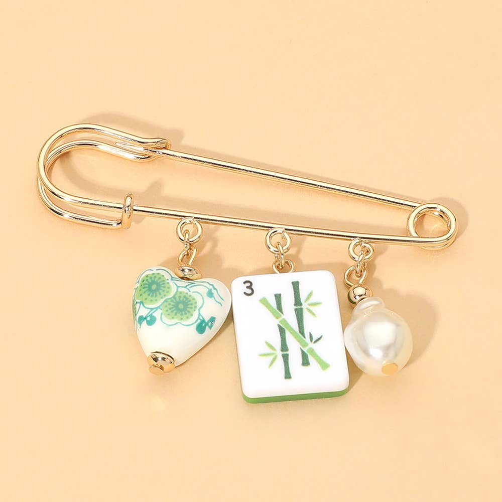 Floral Heart Mahjong Tile Pearl Charm Drop Safety Pin Brooch: Blue,Gold