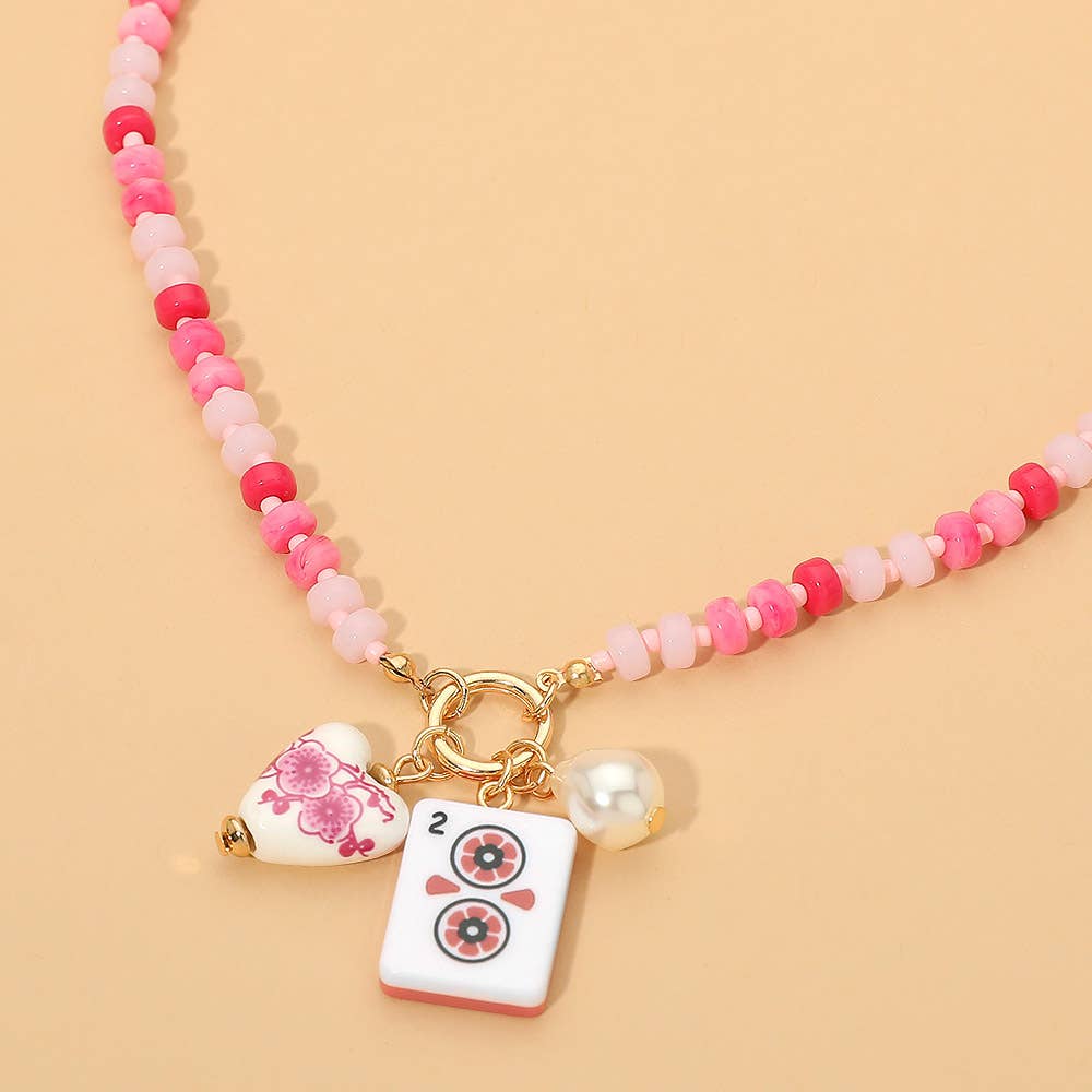 Mahjong Tile Charm Pearl Floral Bead Ball Charm Pendant Beaded Necklace: Gold,Mint