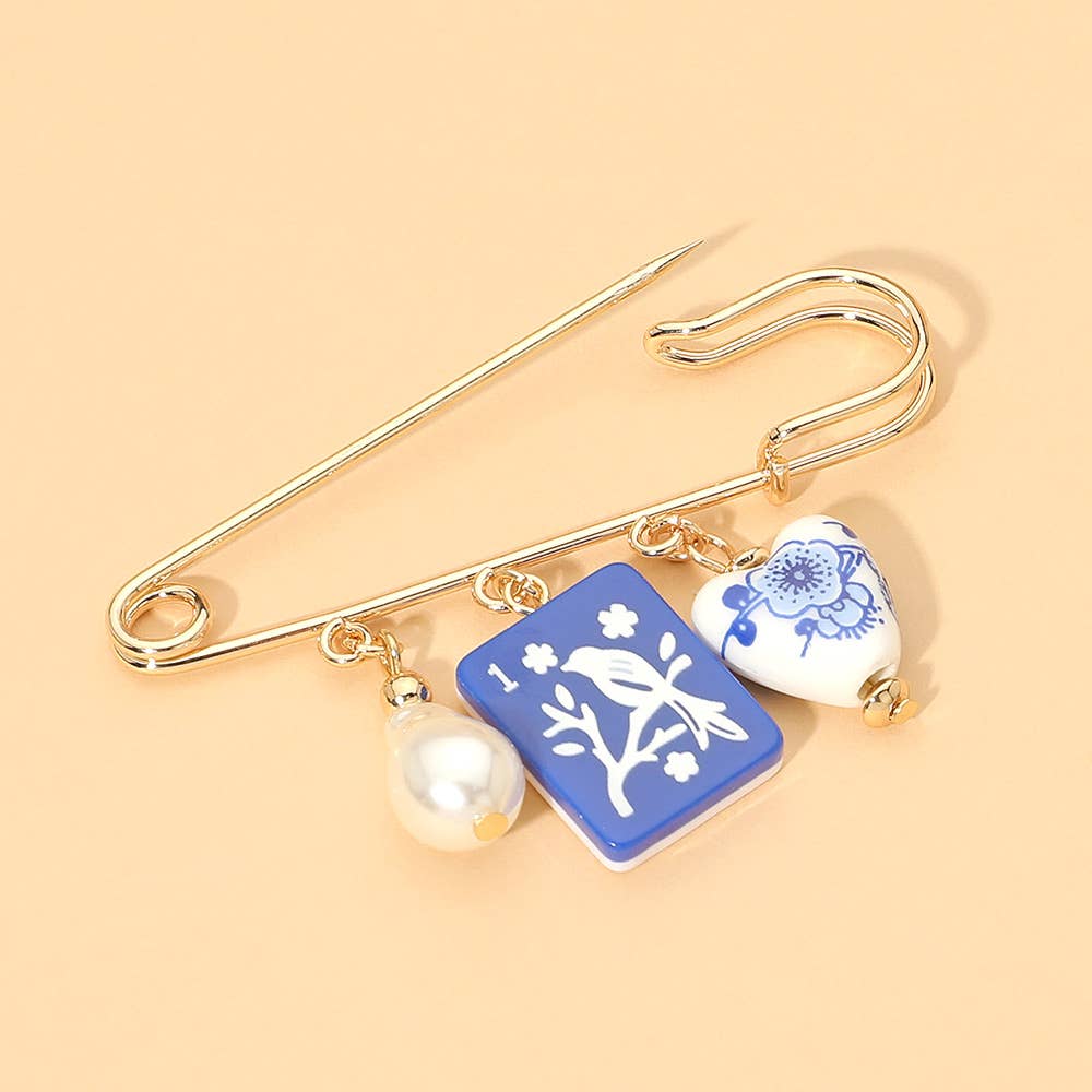 Floral Heart Mahjong Tile Pearl Charm Drop Safety Pin Brooch: Blue,Gold